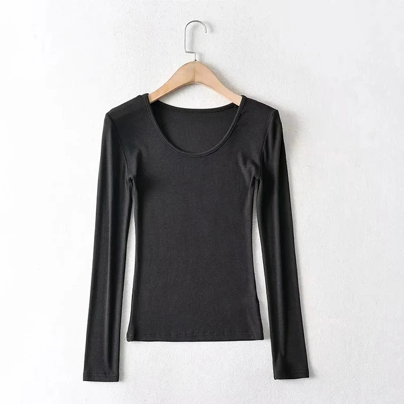 2025 Women Clothing Tops Fit Casual Elastic Cotton Solid O-neck full sleeve T-shirt