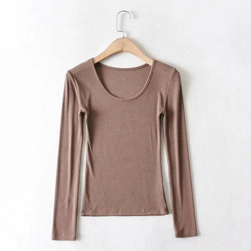 2025 Women Clothing Tops Fit Casual Elastic Cotton Solid O-neck full sleeve T-shirt