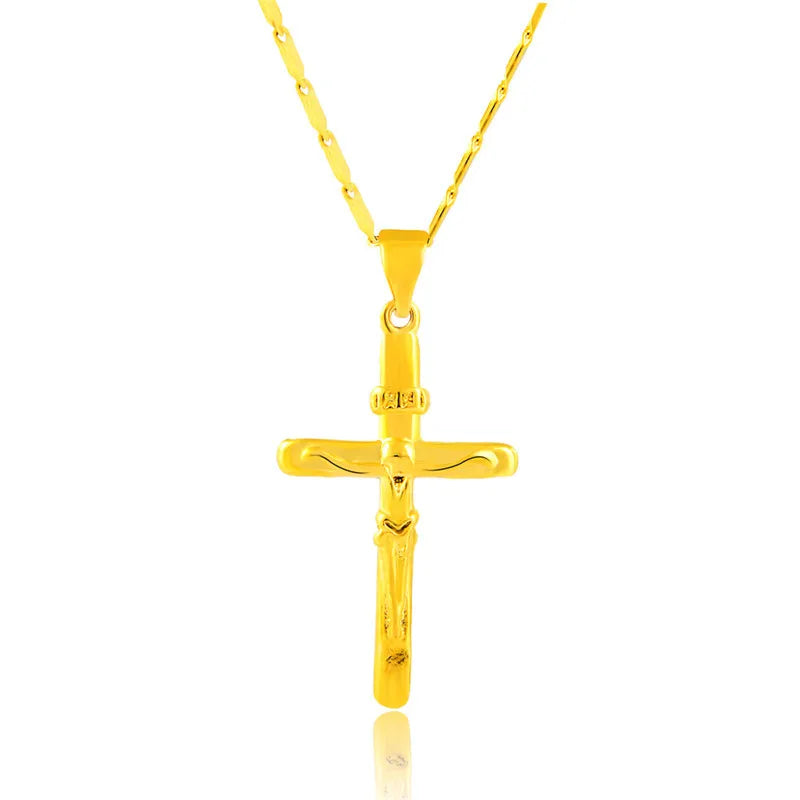 Women's 24K Gold (AU999) Stylish Cross Necklace | Gold-Inlaid Bead Cross, Hammered Space Texture with Rotatable Meteorite Charm