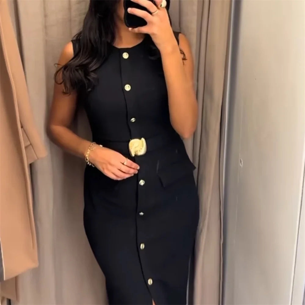 2025 new women's clothing European and American style casual elegant design with belt crepe fabric MIDI dress
