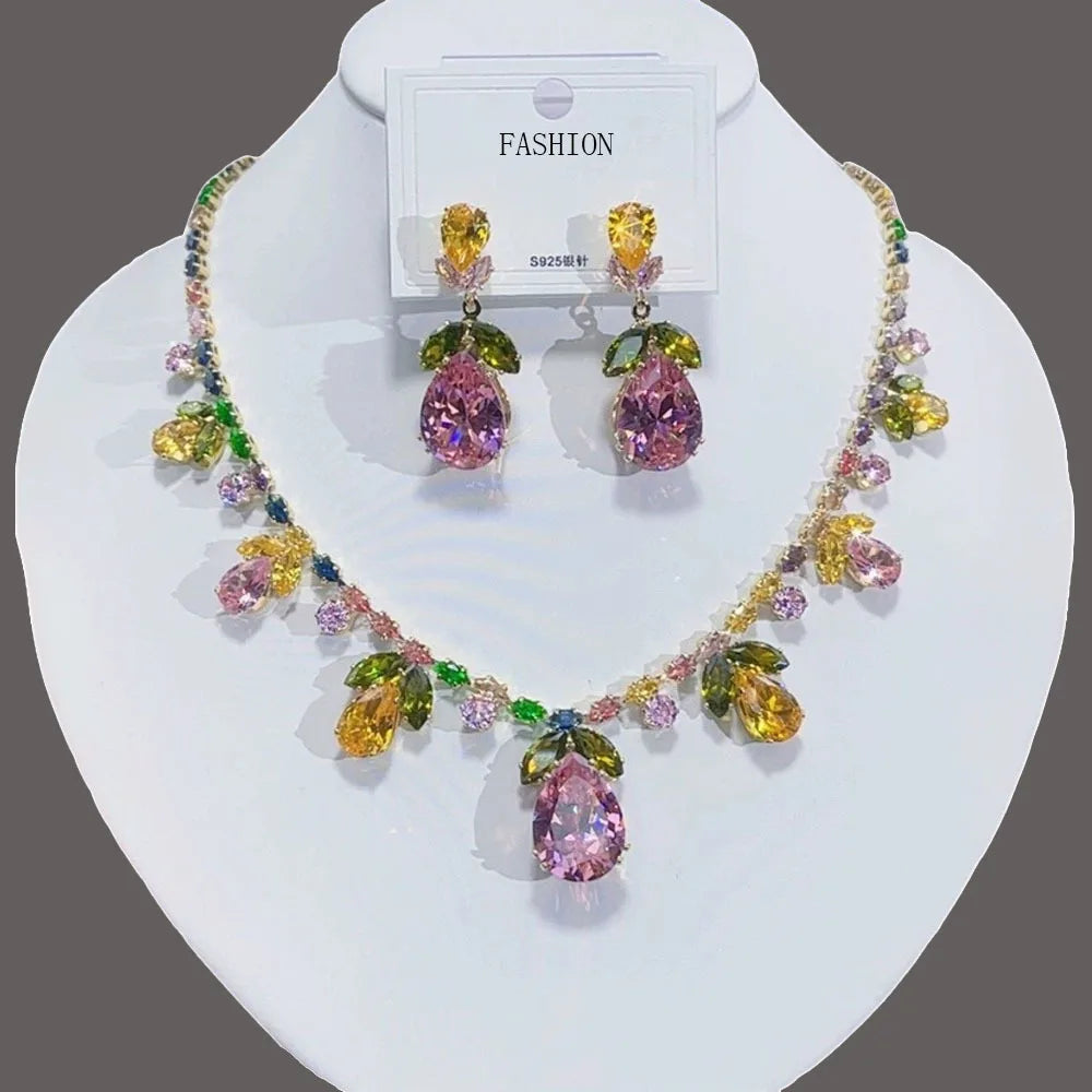 Women Rainbow Gemstone Necklace 18K Gold Plated Waterdrop Zirconia Earrings 2024