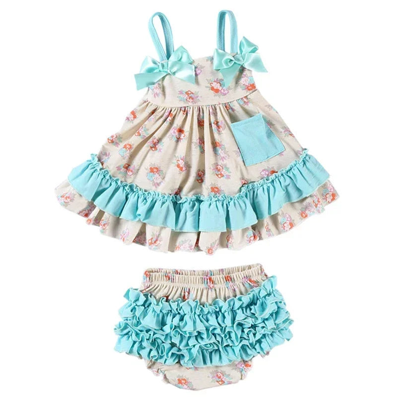 2025 New Born Baby Girl Clothes Baby Suit Overall Floral Clothes Set 3-24m Cotton Sleeveless Toddler Infant Ruffle Tops + Shorts