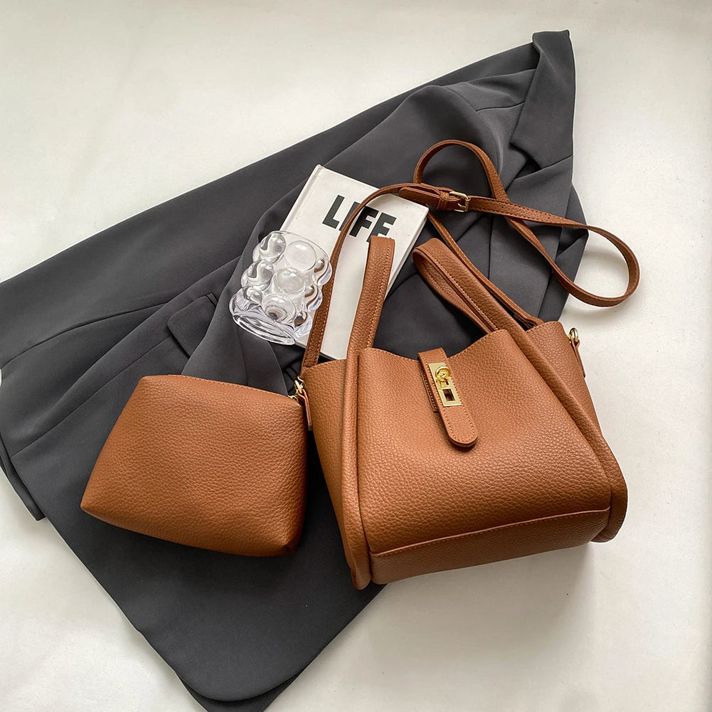 Bucket Bag for Women Magnetic Closure Shoulder Bag PU Leather with Inner Bag Crossbody Bag Solid Handbag for Work Travel