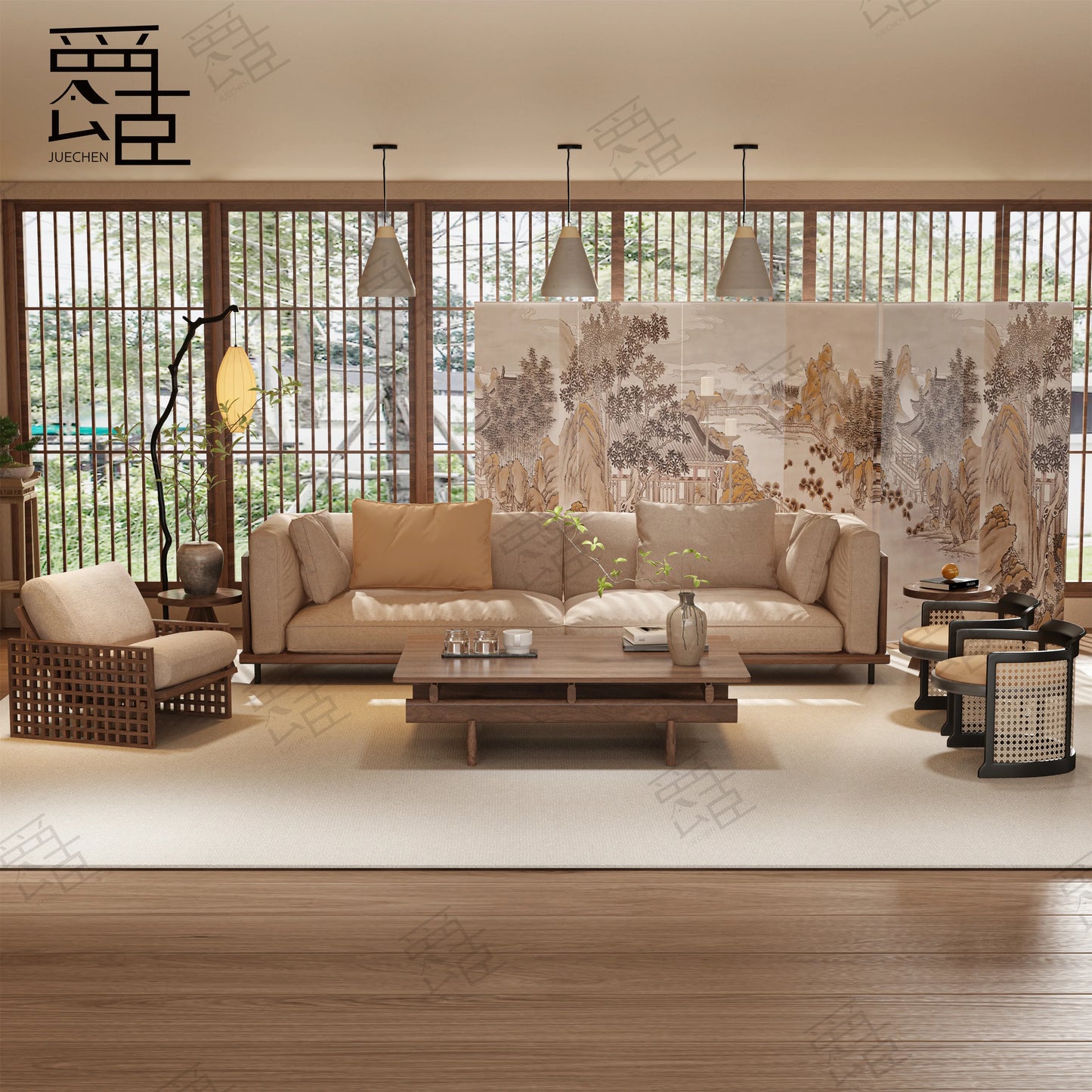 Medieval wind wabi-sabi wind leisure area straight row sofa Song's aesthetic homestay solid wood sofa