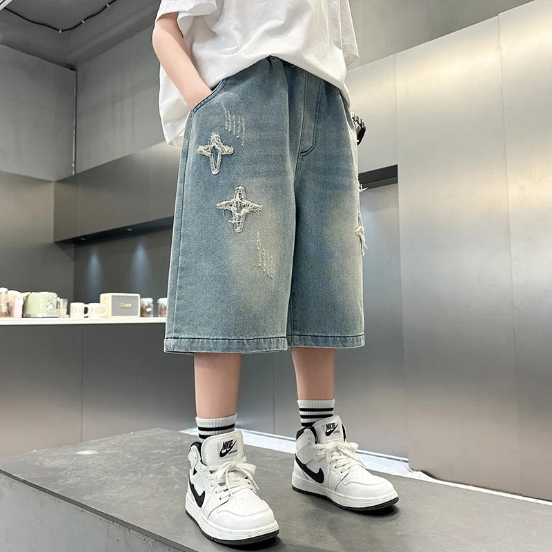 Boy Star  Jeans 2025 Summer New Product Fashion Boys Denim Mid-Pants Children's Casual Cropped Pants 5-15 Years Old