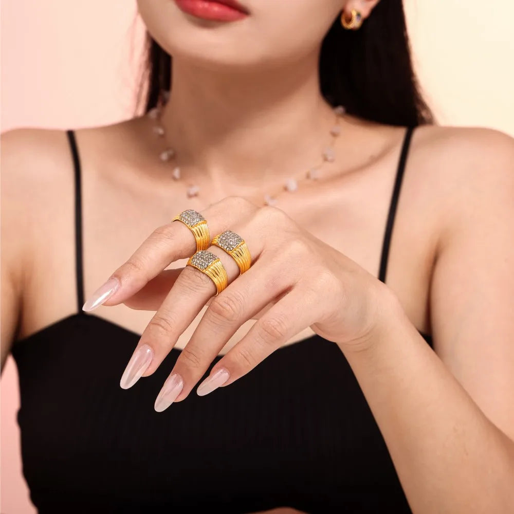 Women's Shiny Rhinestones Ring 18k Gold Plated Waterproof No Tarnish Cast Stainless Steel Rings For Women Luxury Woman Jewelry