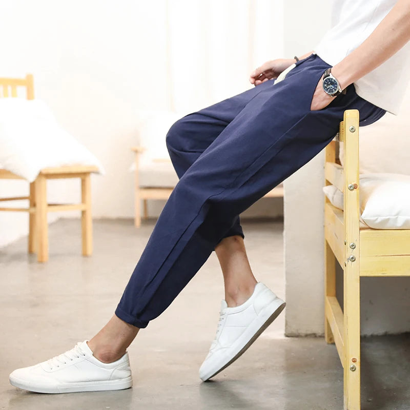 2025 Men's Cotton Linen Pants Male Summer New Breathable Solid Color Linen Trousers Fitness Streetwear Ankle Length Trousers 5XL