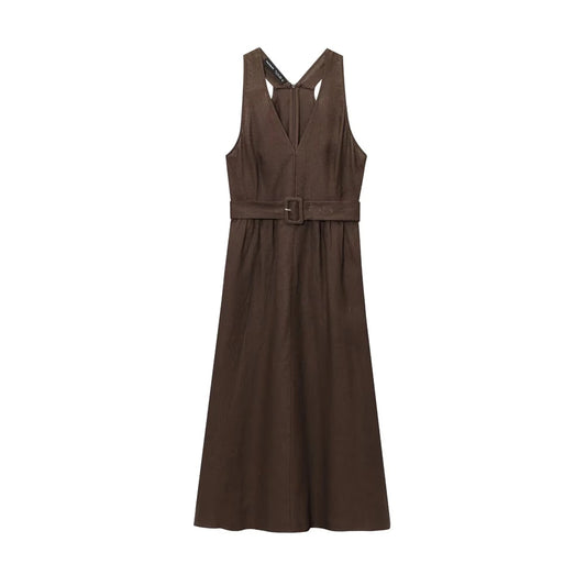 Women Dress 2025 New Fashion Summer   Linen V-neck A-Line Dresses for Women Casual Chic Ladies Midi Dress