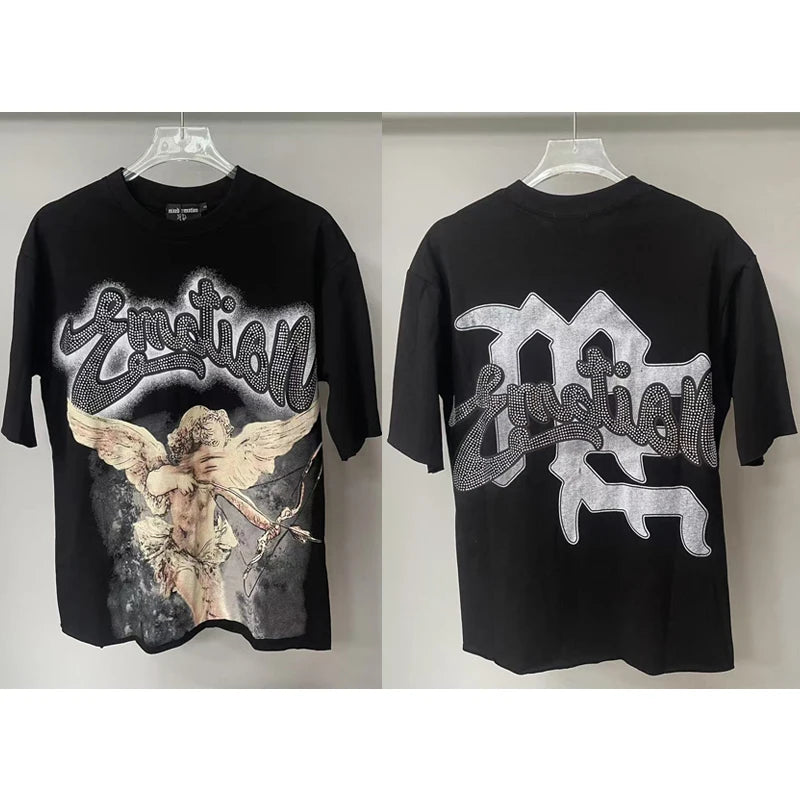 Men's Clothing MIXED EMOTION T-shirts American Streetwear Interesting Angel Print Hot Drill Letter Logo Top Tee Short Sleeve