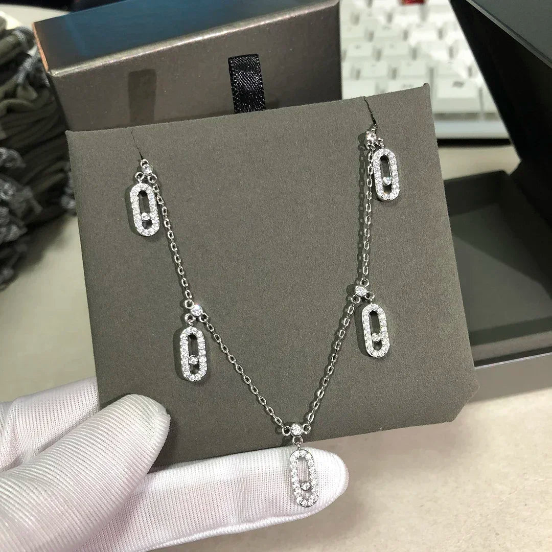 925 Sterling Silver 5-Piece Pendant Women's Diamond Necklace. Moving Diamonds. Luxury Jewelry