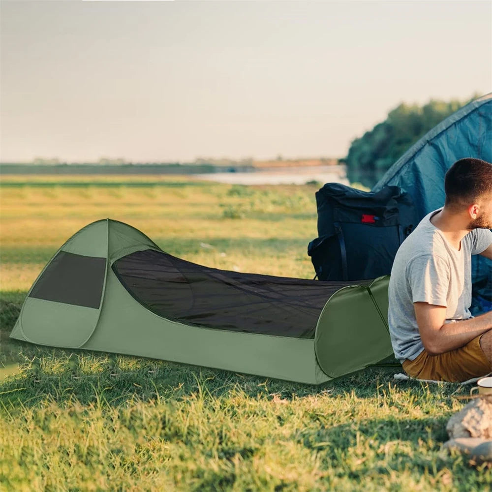 Foldable Pop-Up Single Tent Portable Camping Tent Canopy Sleeping Net with Double Zipper Finer Mesh with Clear Phone Pouch