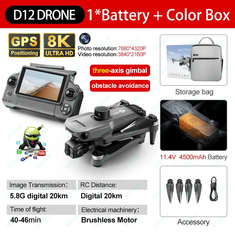 New D12 GPS Drone 3-Axis Gimbal With Touch Screen Profesional 8K HD Camera FPV Obstacle Avoidance Brushless Dron Toy For Adult