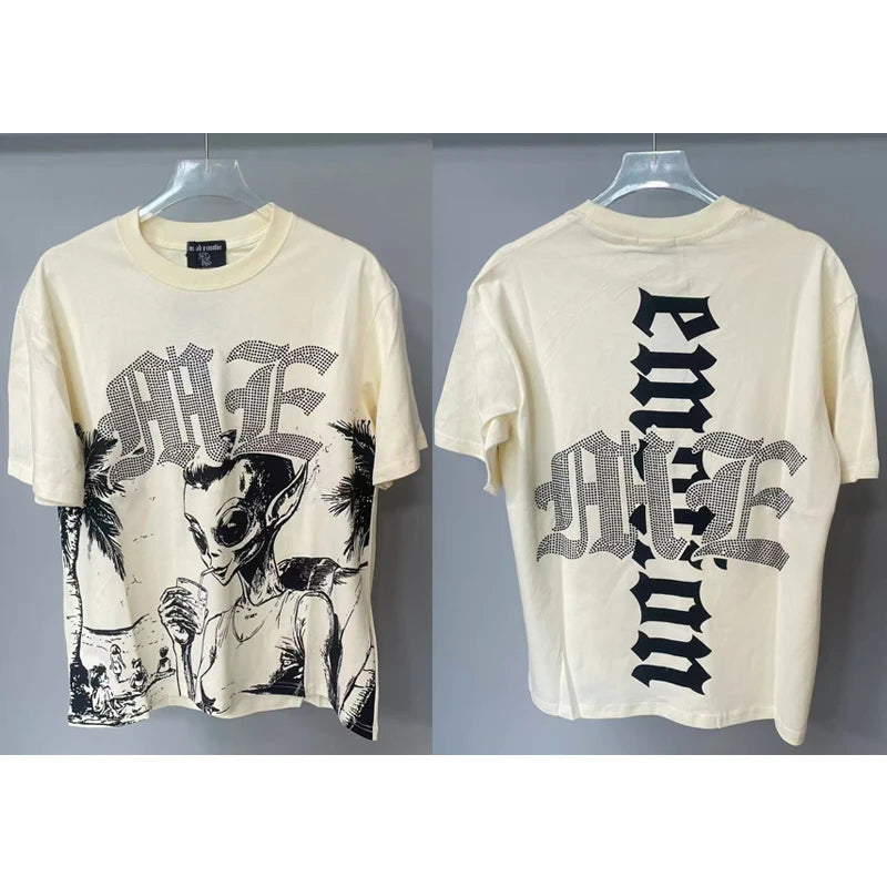 Men's Clothing MIXED EMOTION T-shirts American Streetwear Interesting Angel Print Hot Drill Letter Logo Top Tee Short Sleeve