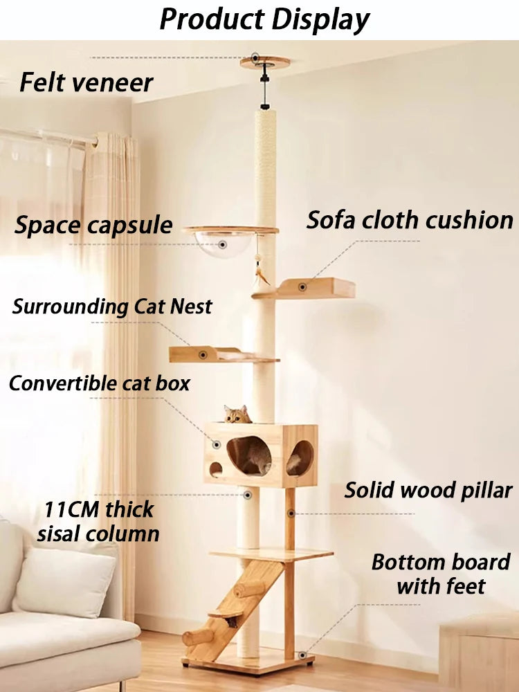Solid Wood Cat Tree House Tower Floor To Ceiling Cat Tree Tall Wooden Large Towers Cats Trees Climbing Scratching Post Pets