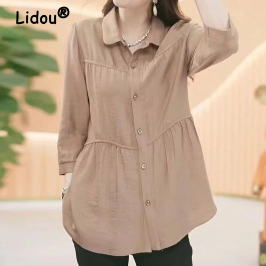 Women's Clothing Vintage Solid Color Half Sleeve Button Shirt Korean Simple Casual Loose Blouse Cotton Elegant Tops Blusas Mujer