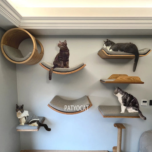 Cat Climbing Shelves Wall-Mounted Cat Tree Tower Scratcher Hammock Sisal Rope Ladder Hiding House Bed Cats Gym Claw Grinding Toy