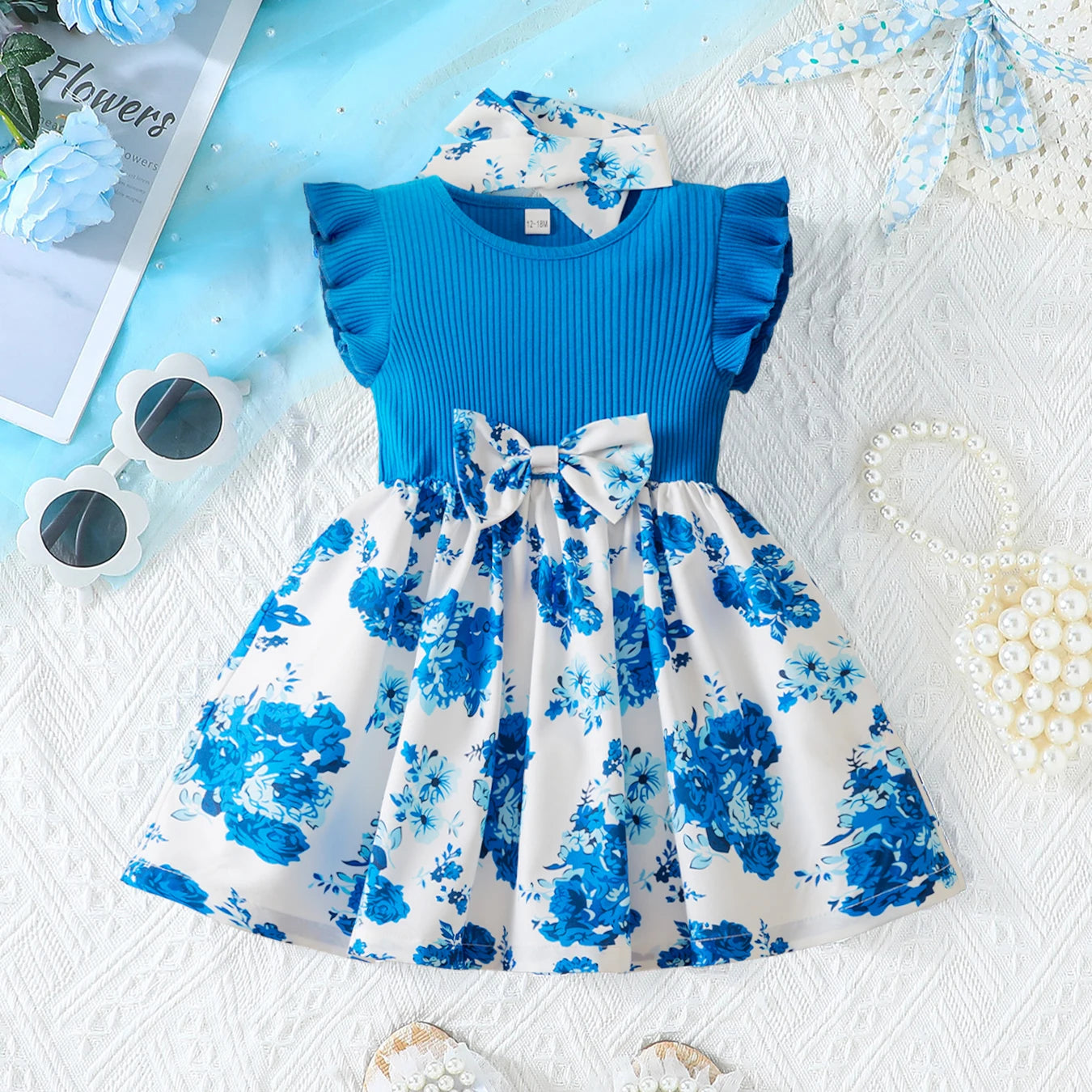 0-3 Years Baby Girl Clothes Summer Sleeveless Printed Dress Newborn Girl 1st Birthday Dress Ruffled Patchwork Dress and Headband