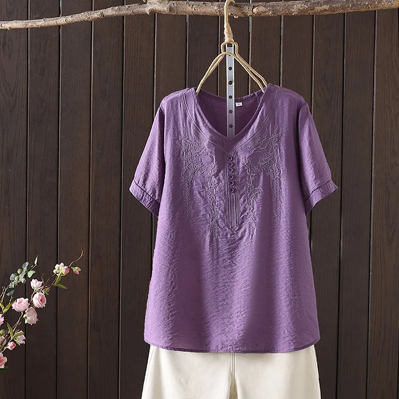 Women Clothing Streetwear Casual Fashion Elegant Cotton Linen Embroidery Vintage Clothes Tops Shirts for Women Tees