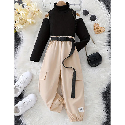 2025 Baby Girl Clothes Children Clothing Autumn/Winter Outfits Long Sleeve Top + Solid Color Pants 2Pcs Set For 3 4 5 6 7 8 9 10