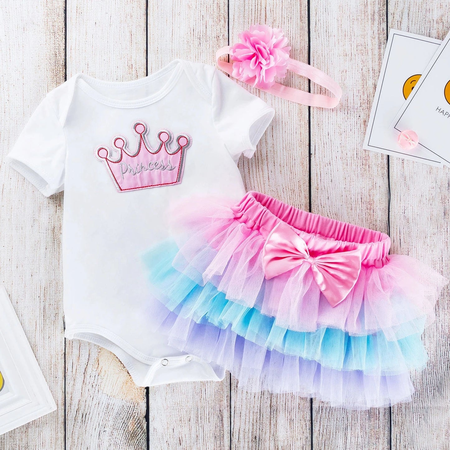 Newborn Girl Sweet Clothes Cotton First Birthday Bodysuit Cake Smash Tutu Skirt Headband Baby Girl Birthday Outfits Party Wear
