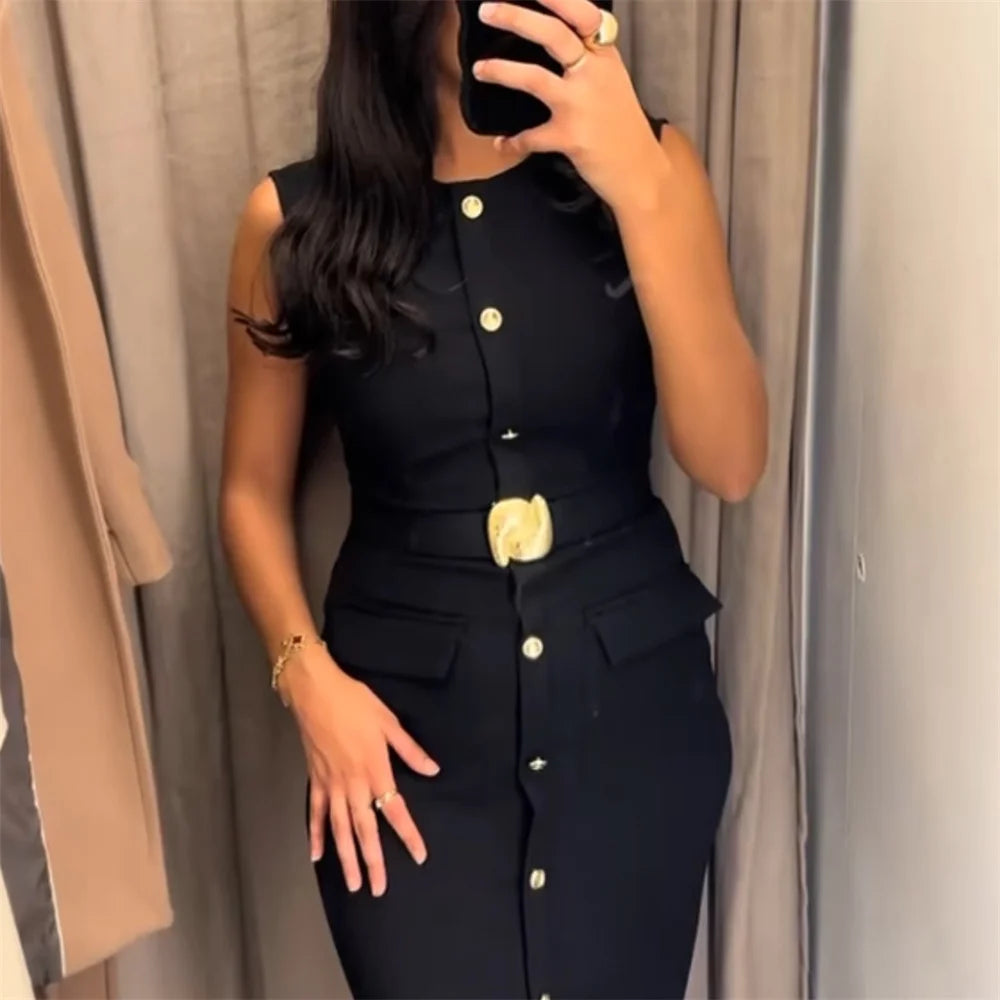 2025 new women's clothing European and American style casual elegant design with belt crepe fabric MIDI dress