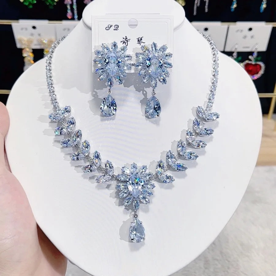 Women Rainbow Gemstone Necklace 18K Gold Plated Waterdrop Zirconia Earrings 2024