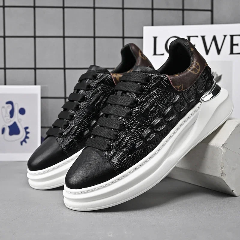 Men's Shoes 2025 Men Genuine Leather Pattern Lace-up Thick Sole Casual Sneakers Versatile Muffin Shoes Male Board Footwear