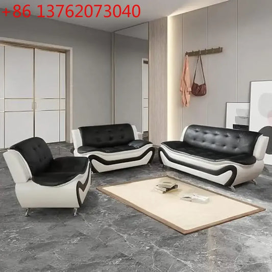 Contemporary Vegan Leather Sofa Living Room Furniture Set 3 PCS Black/White Ergonomic Design Breathable Faux Leather Upholstery