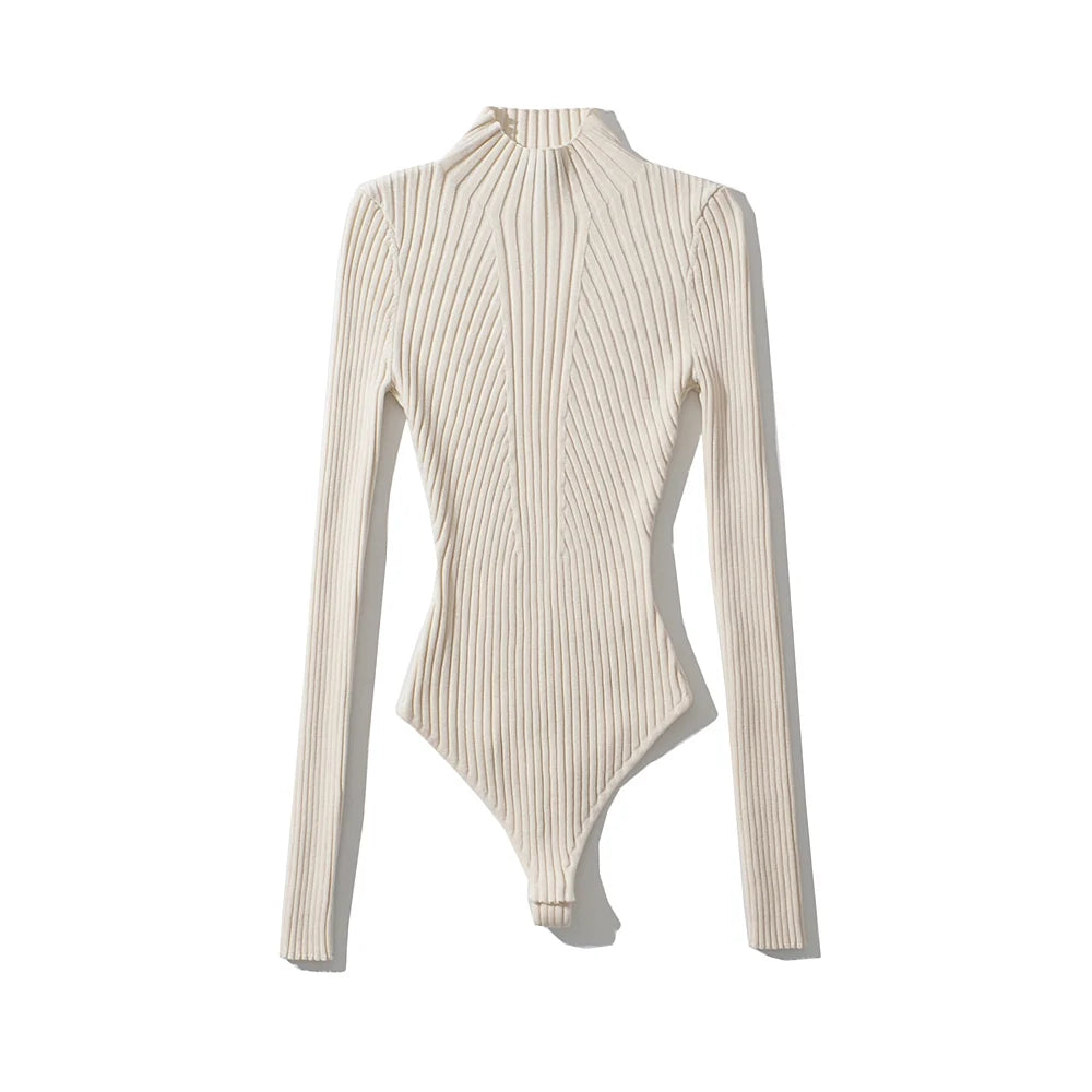 Women's Sexy Clothing Tops Stereo Texture Knit Solid Pullover High Collar Bodysuit Knitted High Strecth Jumpsuit Top