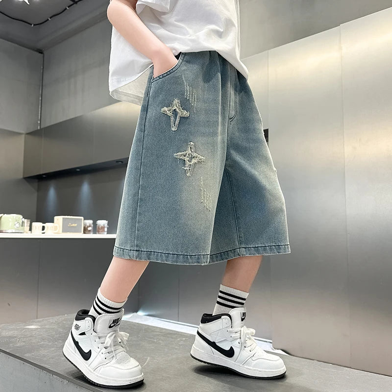 Boy Star  Jeans 2025 Summer New Product Fashion Boys Denim Mid-Pants Children's Casual Cropped Pants 5-15 Years Old