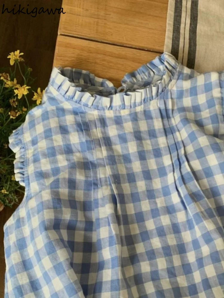 Fashion Shirt for Women 2025 Blusas Mujer De Moda Sweet Ruffles Loose Blouses Sleeveless O-neck Casual Plaid Summer Blouse Tops