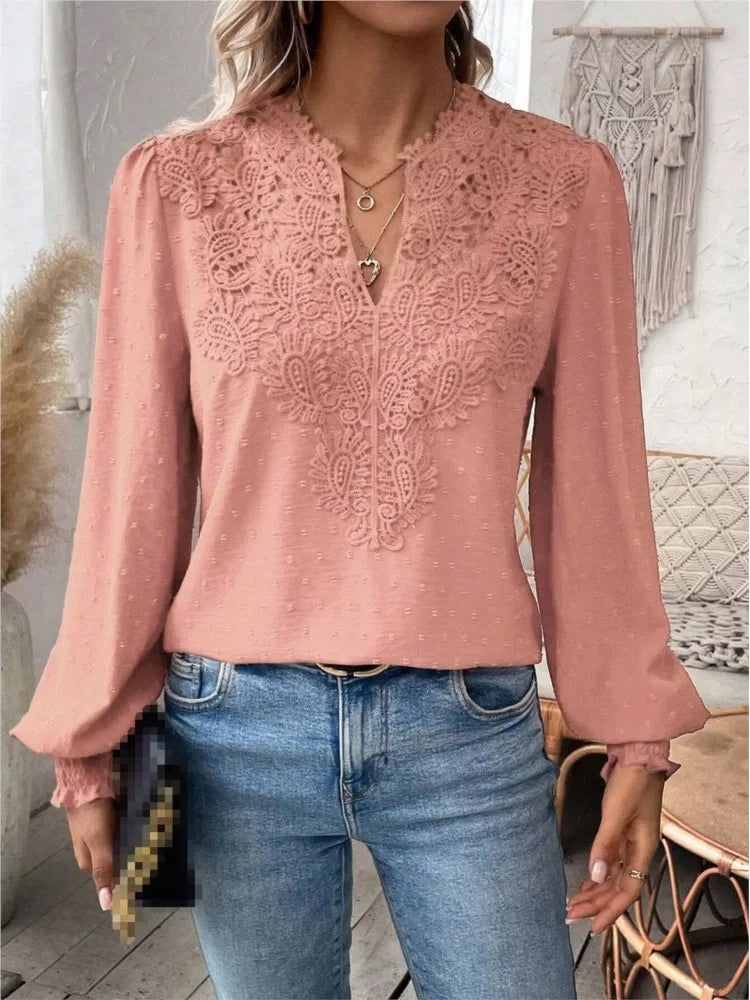 2024 Autumn Women's Clothing New Sexy V-neck Fashionable Lace Patchwork Solid Color Shirt Long Sleeved Shirt Women's Clothing