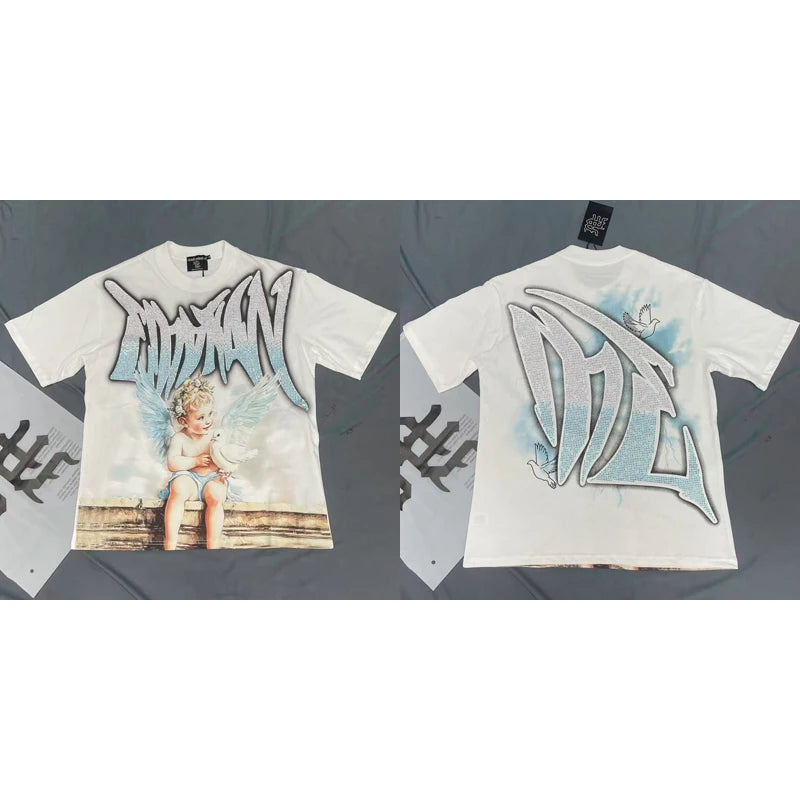 Men's Clothing MIXED EMOTION T-shirts American Streetwear Interesting Angel Print Hot Drill Letter Logo Top Tee Short Sleeve