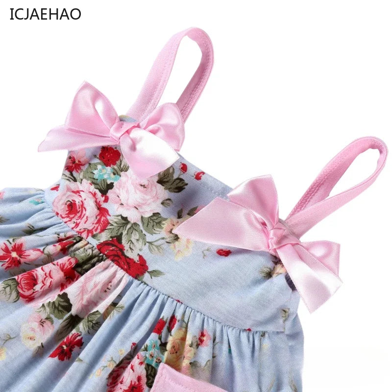 2025 New Born Baby Girl Clothes Baby Suit Overall Floral Clothes Set 3-24m Cotton Sleeveless Toddler Infant Ruffle Tops + Shorts