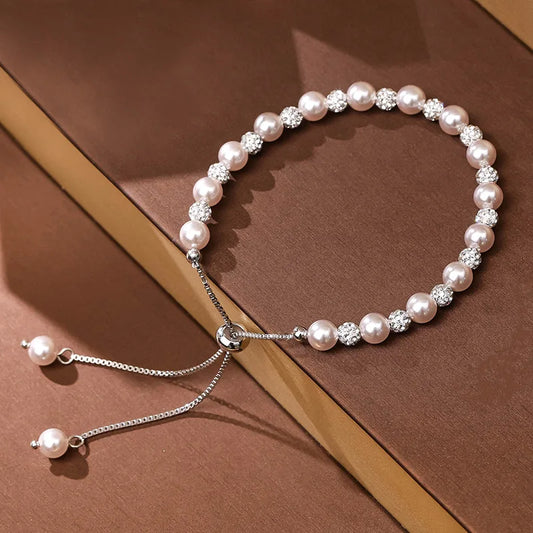 Natural Pearl Diamond Crystal Bead Bracelet Women Silver Elegant Bangle Chain