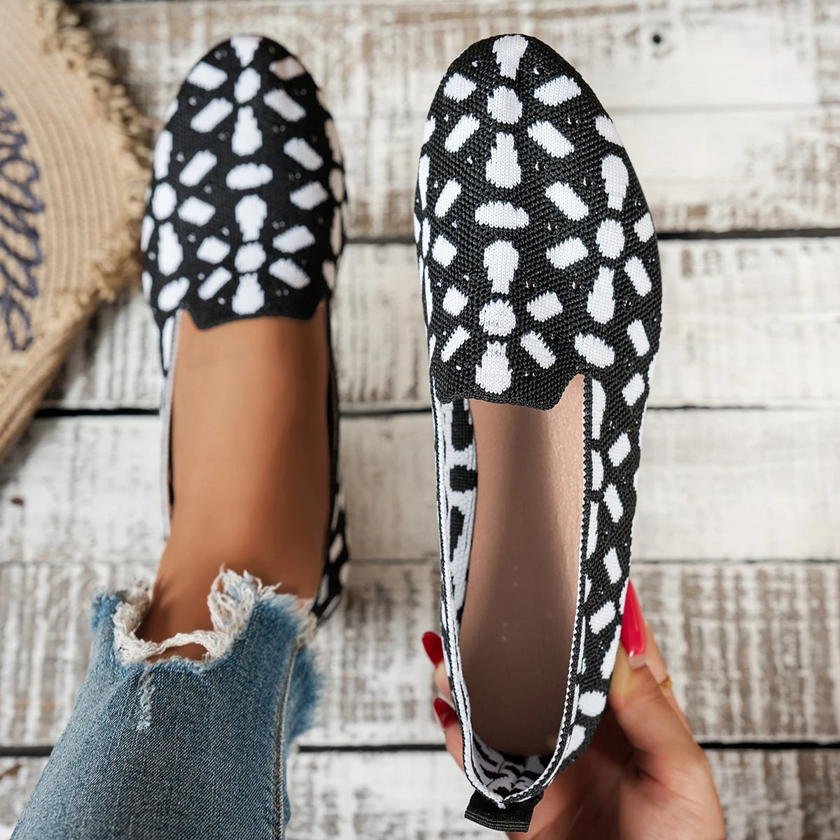 Women's shoes with niche-designed patterns, featuring comfortable flat soles, suitable for various outfits.