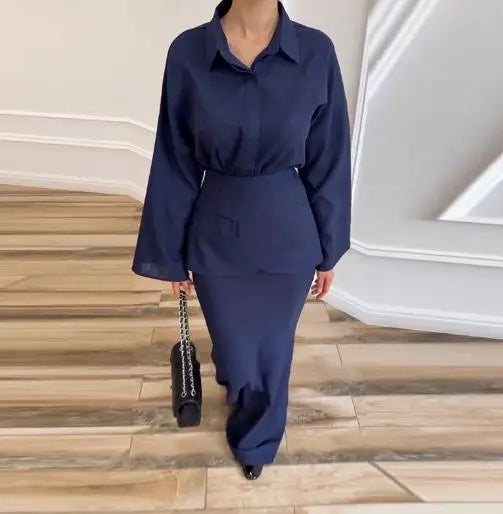 Women's Clothing Temperament Fashionable Lapel Long Sleeved Slim Fit Long Skirt Three Piece Set Simple Commuting Elegant Set
