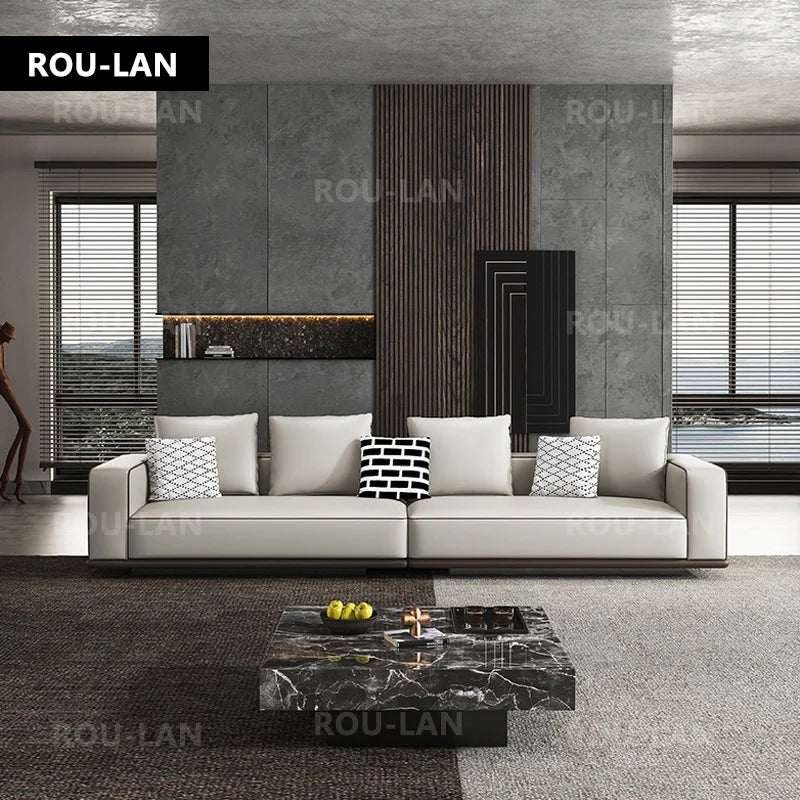 Modern Simple Leather Sofa Living Room Modern Large Flat Floor Large Household Type First Layer Cowhide Inline Tofu Block Sofa