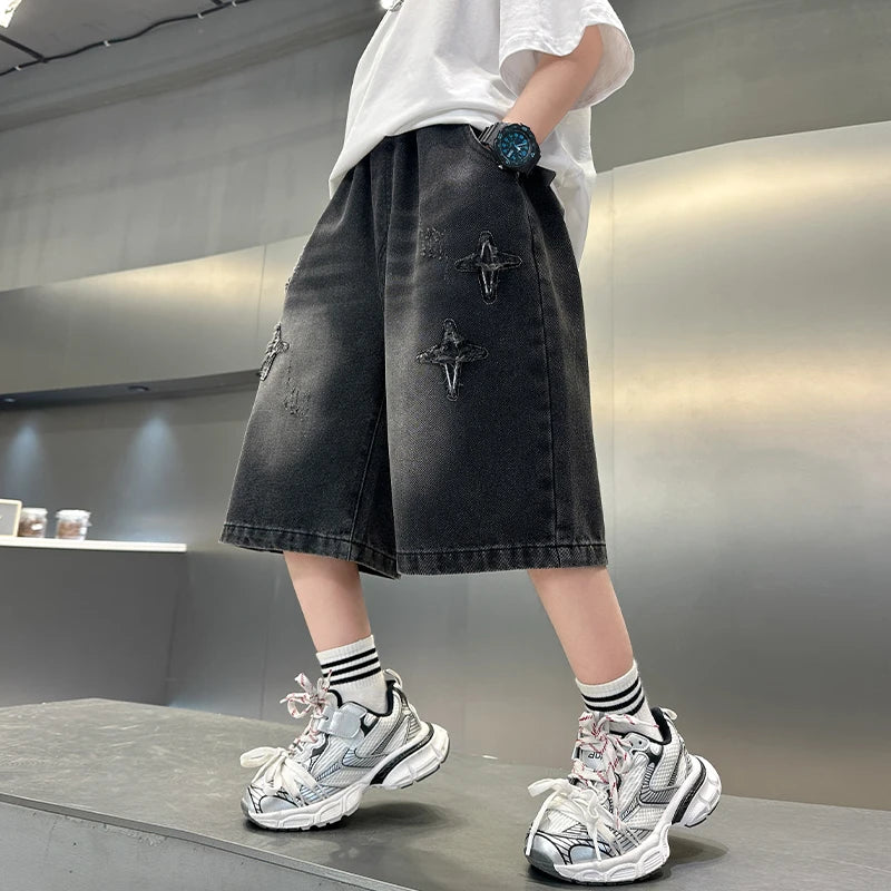 Boy Star  Jeans 2025 Summer New Product Fashion Boys Denim Mid-Pants Children's Casual Cropped Pants 5-15 Years Old