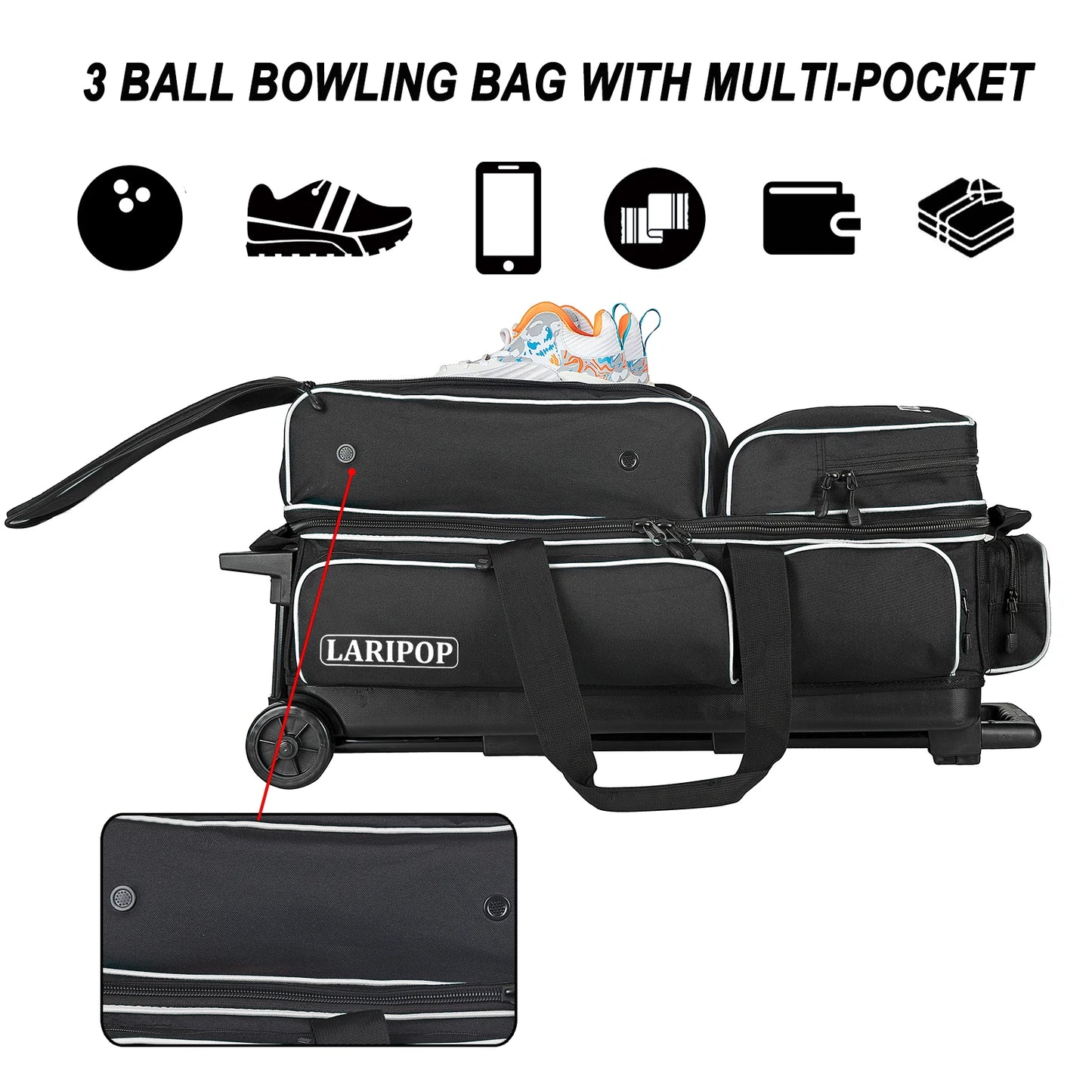 3 Bowling Ball Bag With Wheels - Rolling Bag for Balls & Accessories - Retractable Handle Extends to 38"