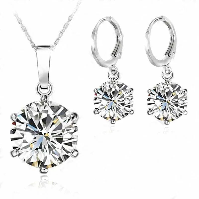 Woman Genuine 925 Sterling Silver Jewelry Sets Cubic Zircon Crystal Lever Back Earrings Pendant Necklace Nice Gifts 8MM Stone