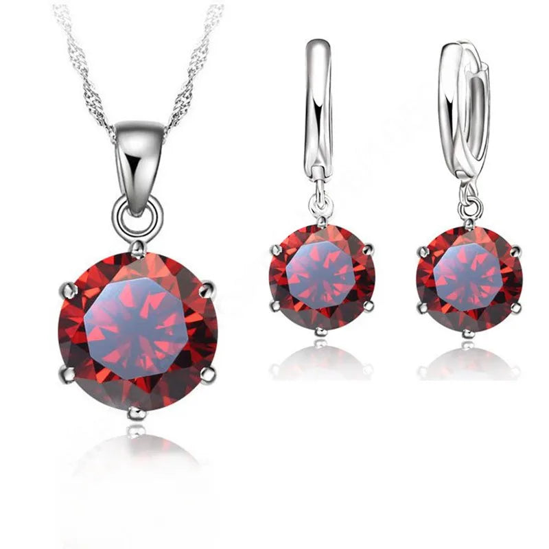 Woman Genuine 925 Sterling Silver Jewelry Sets Cubic Zircon Crystal Lever Back Earrings Pendant Necklace Nice Gifts 8MM Stone