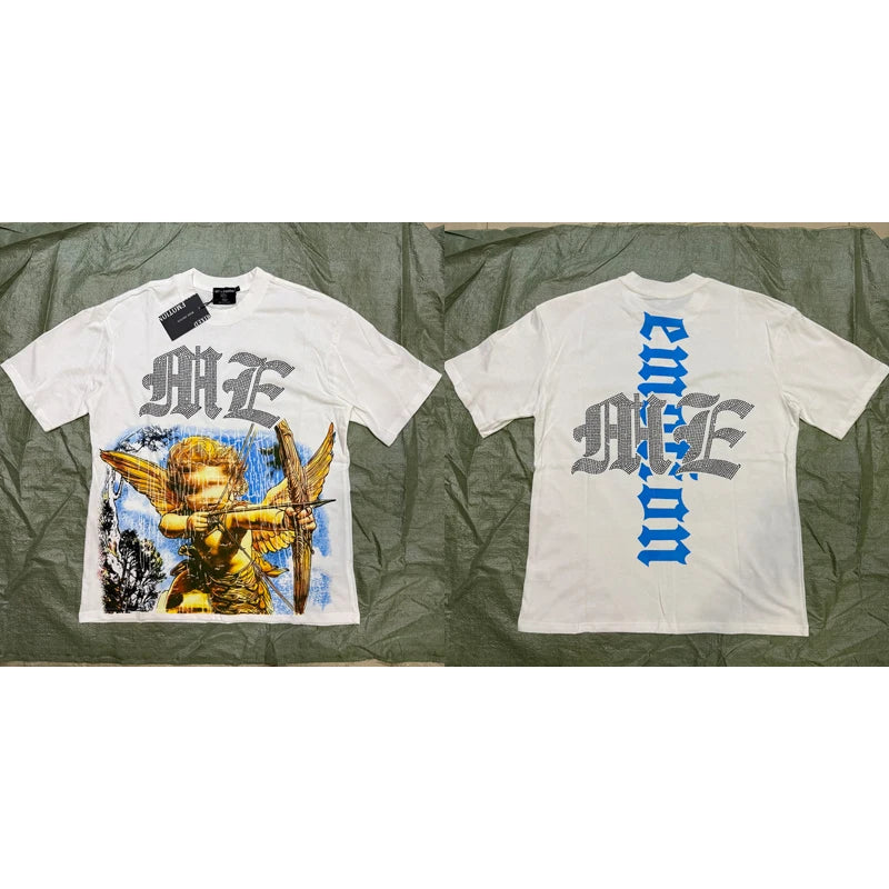 Men's Clothing MIXED EMOTION T-shirts American Streetwear Interesting Angel Print Hot Drill Letter Logo Top Tee Short Sleeve