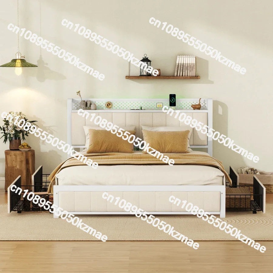 Queen Bed Frame with LED Headboard, Upholstered Bed with 4 Storage Drawers and USB Ports, Beige
