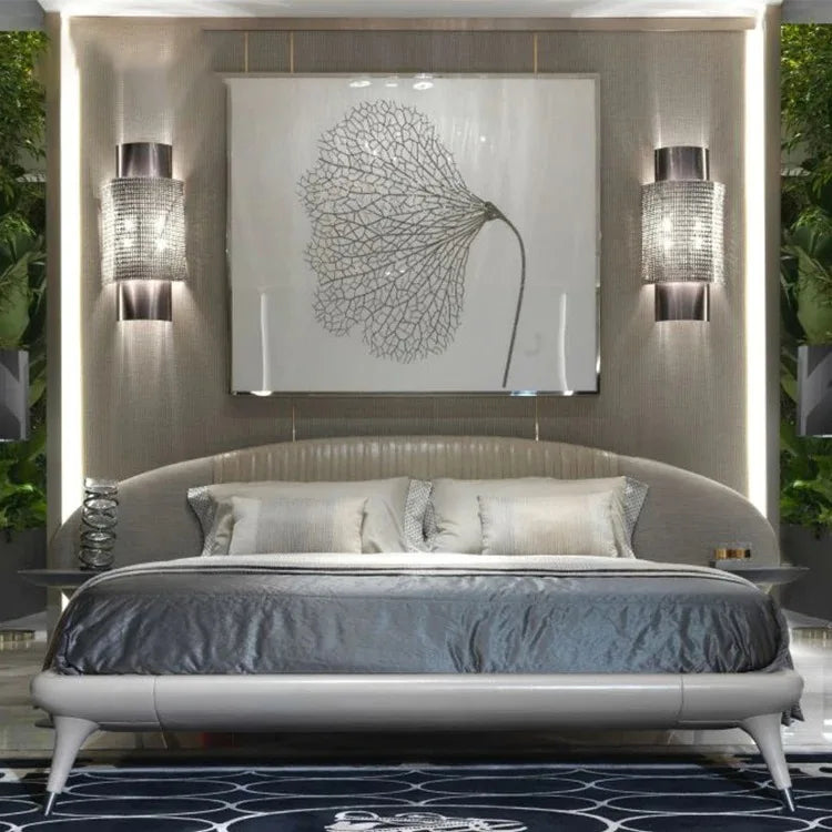 Hotel queen size leather bed frame wooden bed nappa genuine leather headboard king size  bed