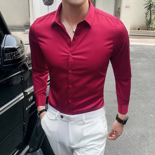 Man Tops Business Red Formal Plain Shirts and Blouses for Men Long Sleeve High Quality Luxury Designer Vintage Cotton Clothing S