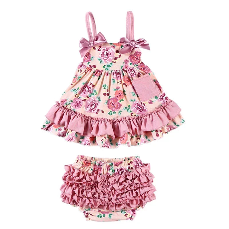 2025 New Born Baby Girl Clothes Baby Suit Overall Floral Clothes Set 3-24m Cotton Sleeveless Toddler Infant Ruffle Tops + Shorts
