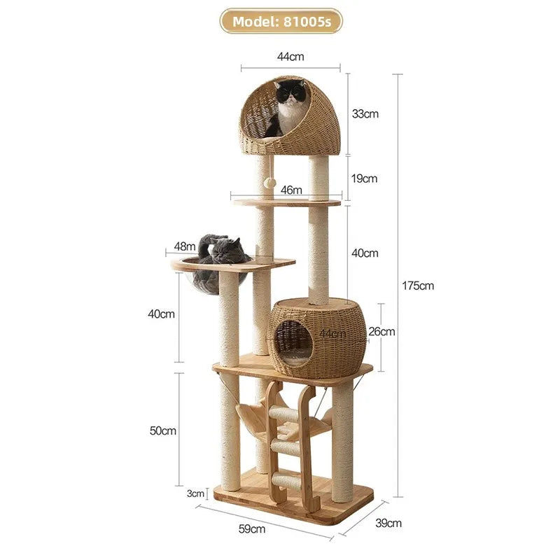 Solid Wood Cat Tree Large Pets Cat Sleeping Tree Transparent Cabin Kitten Tower Pet Toy Accessories Nap Scratching Post for Cats
