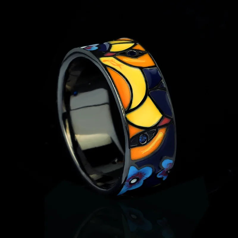 Exquisite Jewelry Rings for Women Blue Bird Flower Enamel Fine Jewelry Black Handmade Gifts