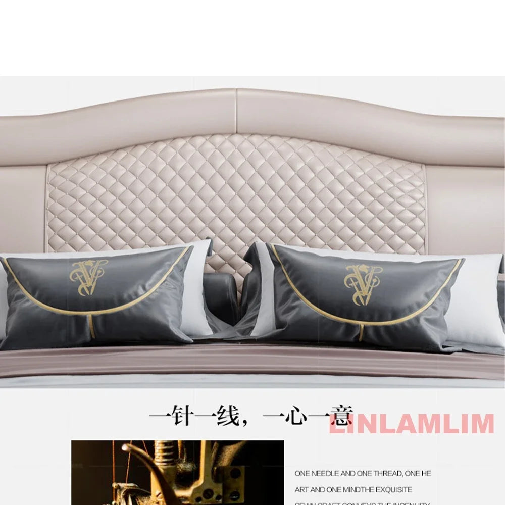 Linlamlim Luxury Genuine Leather Upholstered Bed with Quilted Headboard - Modern King/Queen Size Soft Bed with Gold Accents